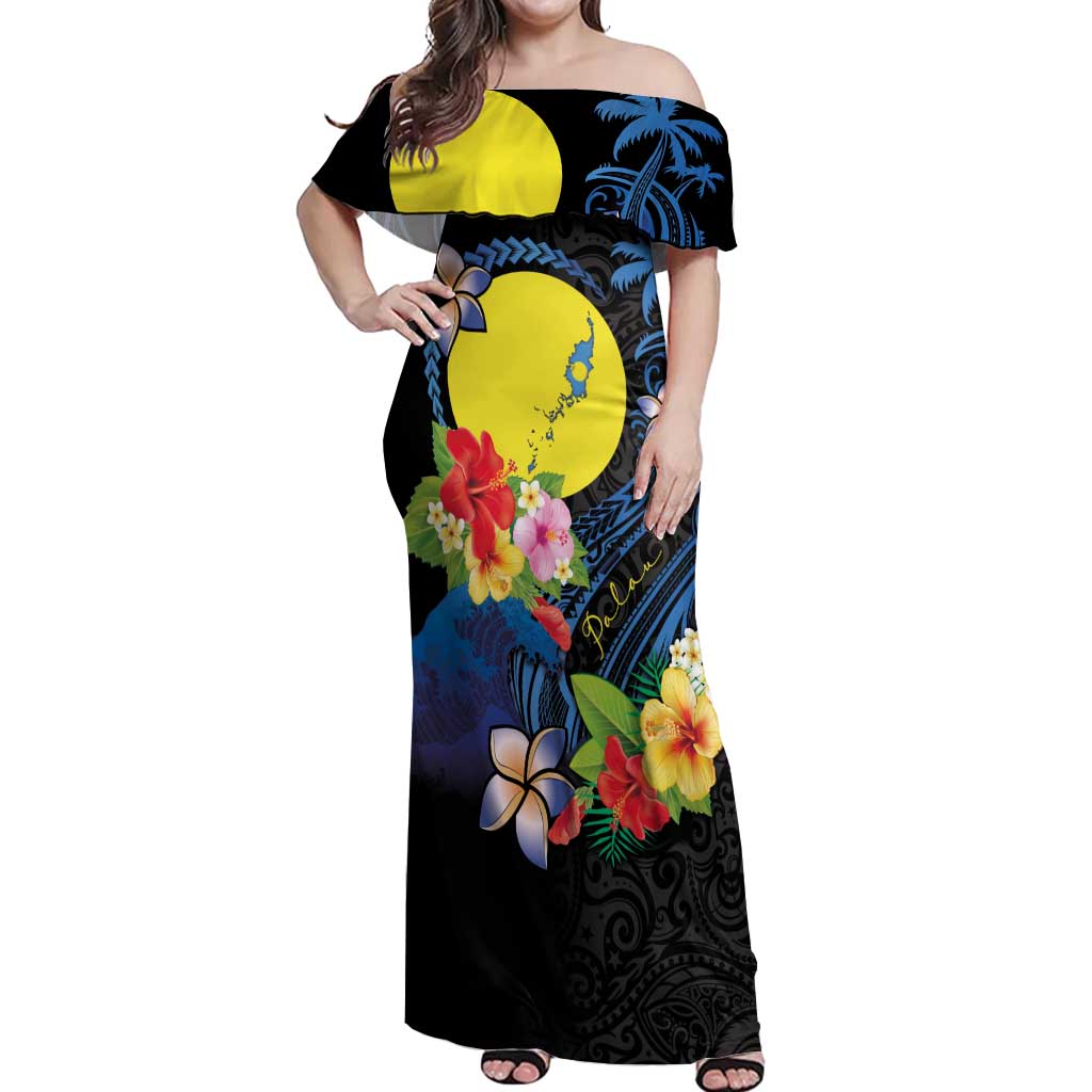 Palau Independence Day Off Shoulder Maxi Dress Melanesian Tattoo with Hibiscus LT03 Women - Polynesian Pride