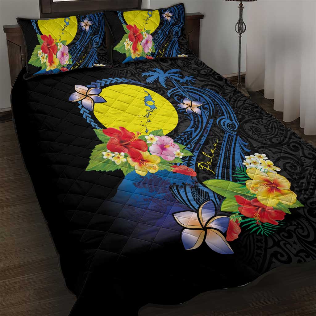 Palau Independence Day Quilt Bed Set Melanesian Tattoo with Hibiscus LT03 King 230cm x 260cm - Polynesian Pride
