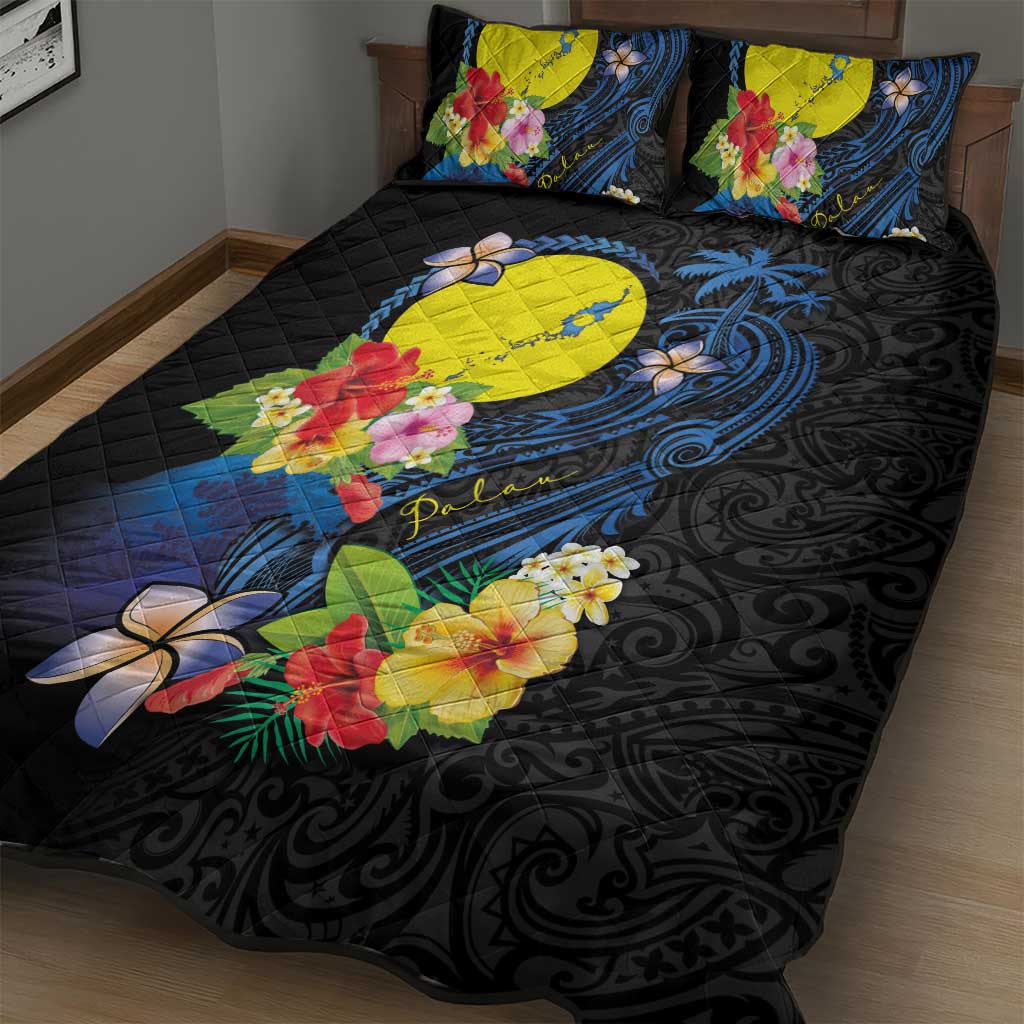 Palau Independence Day Quilt Bed Set Melanesian Tattoo with Hibiscus LT03 - Polynesian Pride