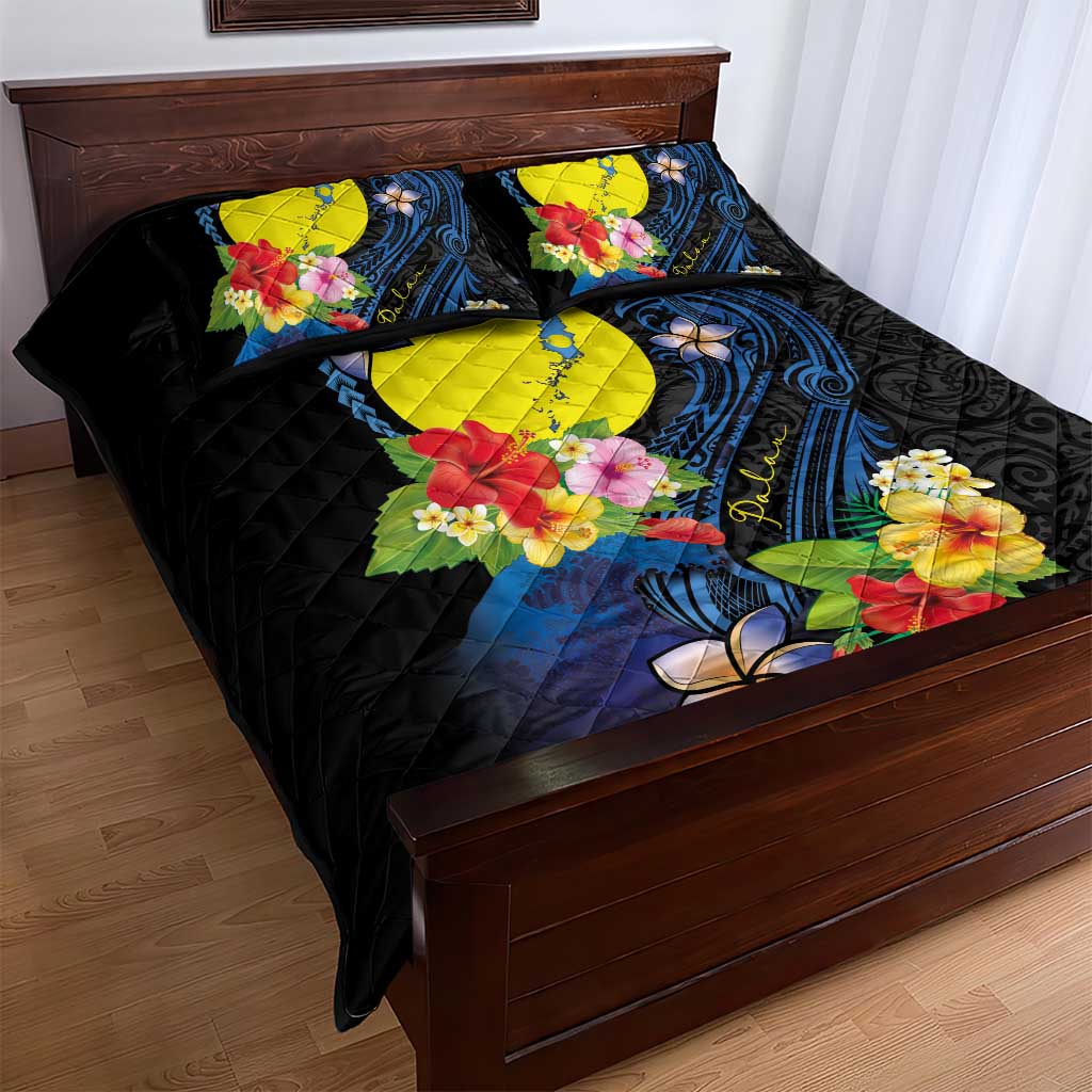Palau Independence Day Quilt Bed Set Melanesian Tattoo with Hibiscus LT03 - Polynesian Pride