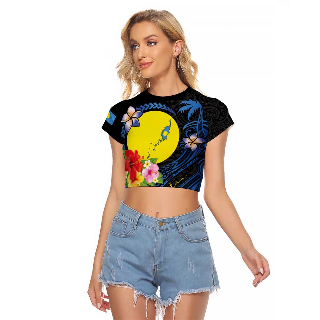 Palau Independence Day Raglan Cropped T Shirt Melanesian Tattoo with Hibiscus LT03 Female - Polynesian Pride