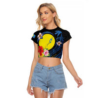 Palau Independence Day Raglan Cropped T Shirt Melanesian Tattoo with Hibiscus LT03 Female - Polynesian Pride