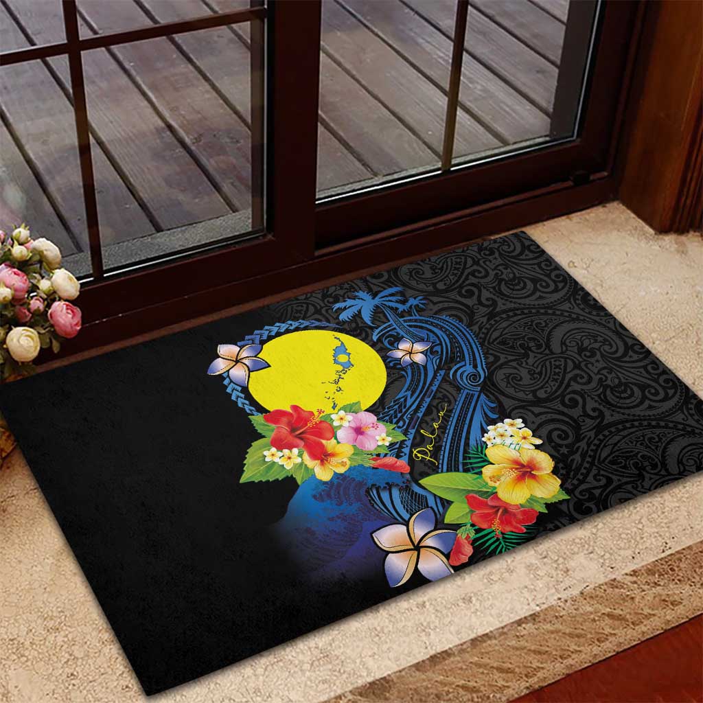 Palau Independence Day Rubber Doormat Melanesian Tattoo with Hibiscus LT03 - Polynesian Pride
