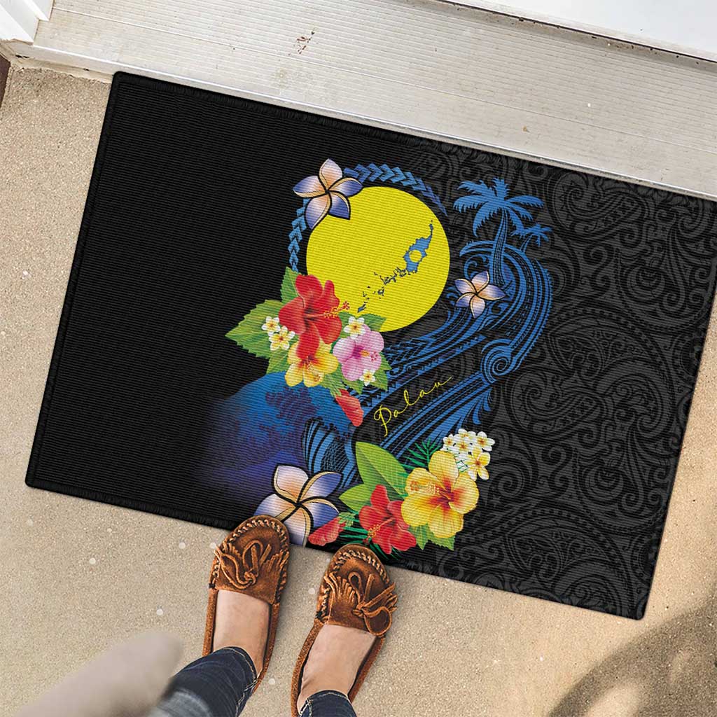 Palau Independence Day Rubber Doormat Melanesian Tattoo with Hibiscus LT03 - Polynesian Pride