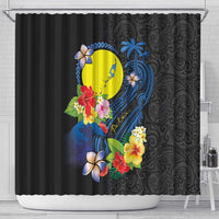Palau Independence Day Shower Curtain Melanesian Tattoo with Hibiscus LT03 - Polynesian Pride