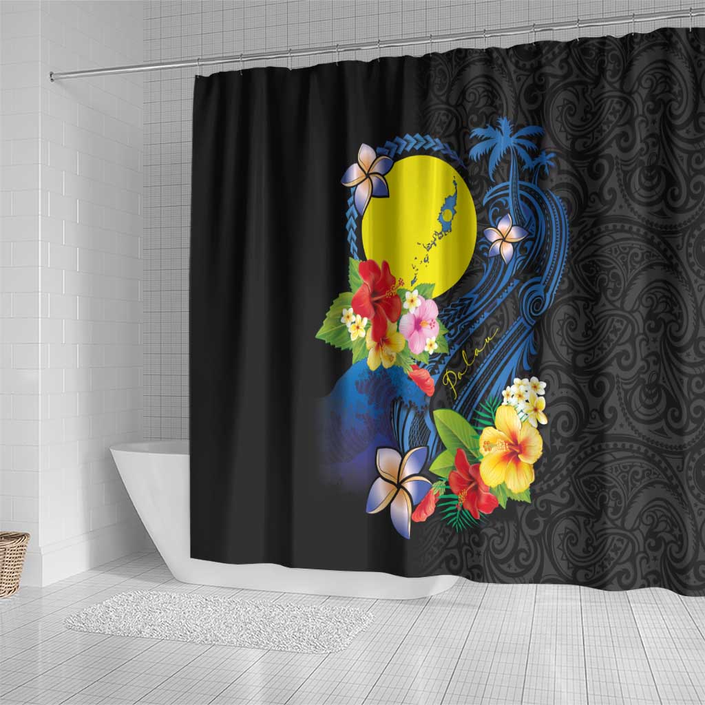Palau Independence Day Shower Curtain Melanesian Tattoo with Hibiscus LT03 - Polynesian Pride