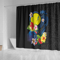 Palau Independence Day Shower Curtain Melanesian Tattoo with Hibiscus LT03 - Polynesian Pride