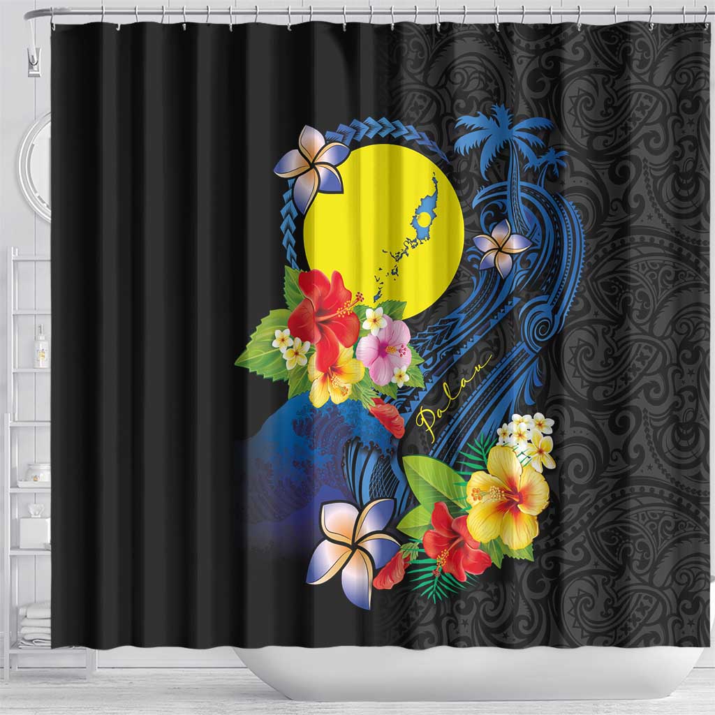 Palau Independence Day Shower Curtain Melanesian Tattoo with Hibiscus LT03 - Polynesian Pride