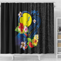Palau Independence Day Shower Curtain Melanesian Tattoo with Hibiscus LT03 - Polynesian Pride