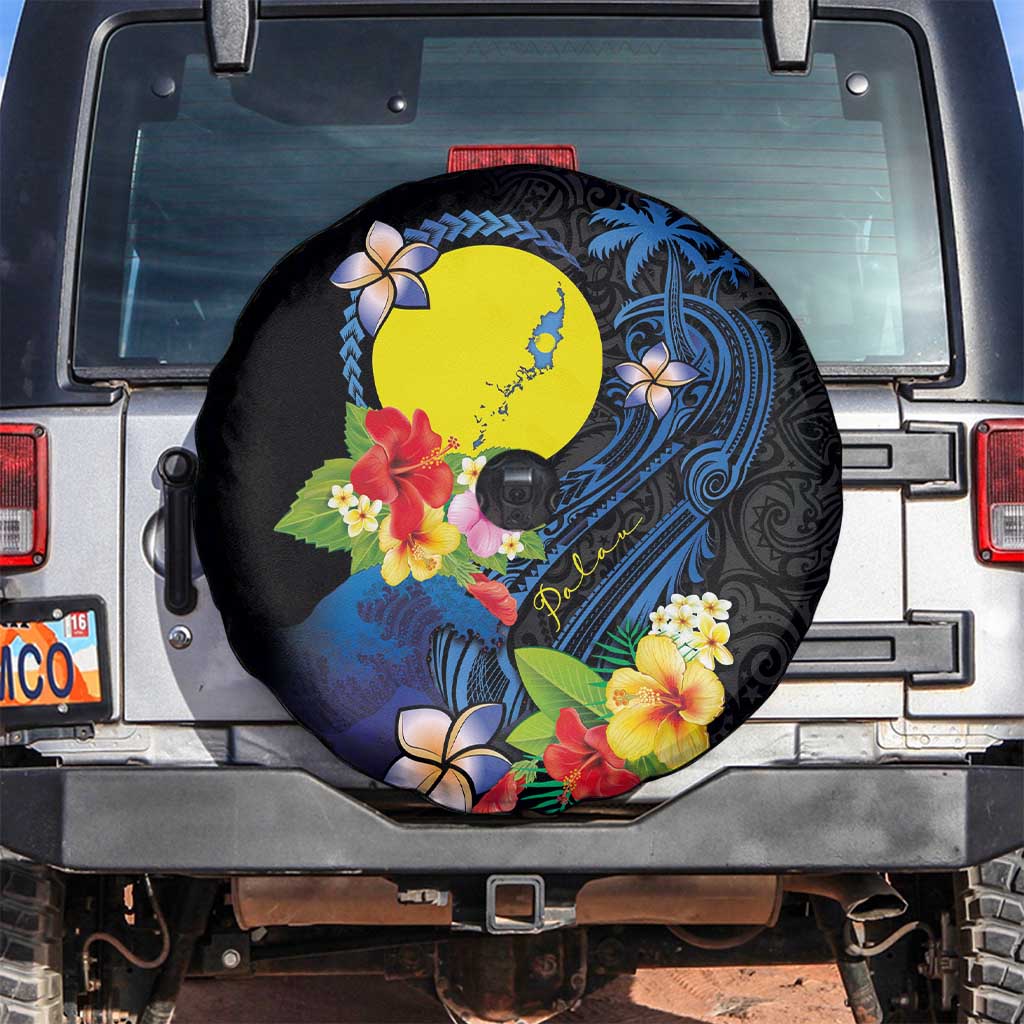 Palau Independence Day Spare Tire Cover Melanesian Tattoo with Hibiscus LT03 4 inches - Polynesian Pride