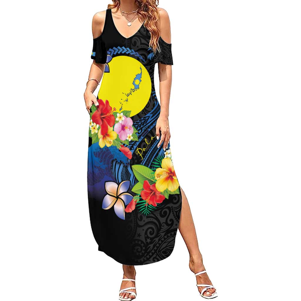 Palau Independence Day Summer Maxi Dress Melanesian Tattoo with Hibiscus LT03 Women - Polynesian Pride