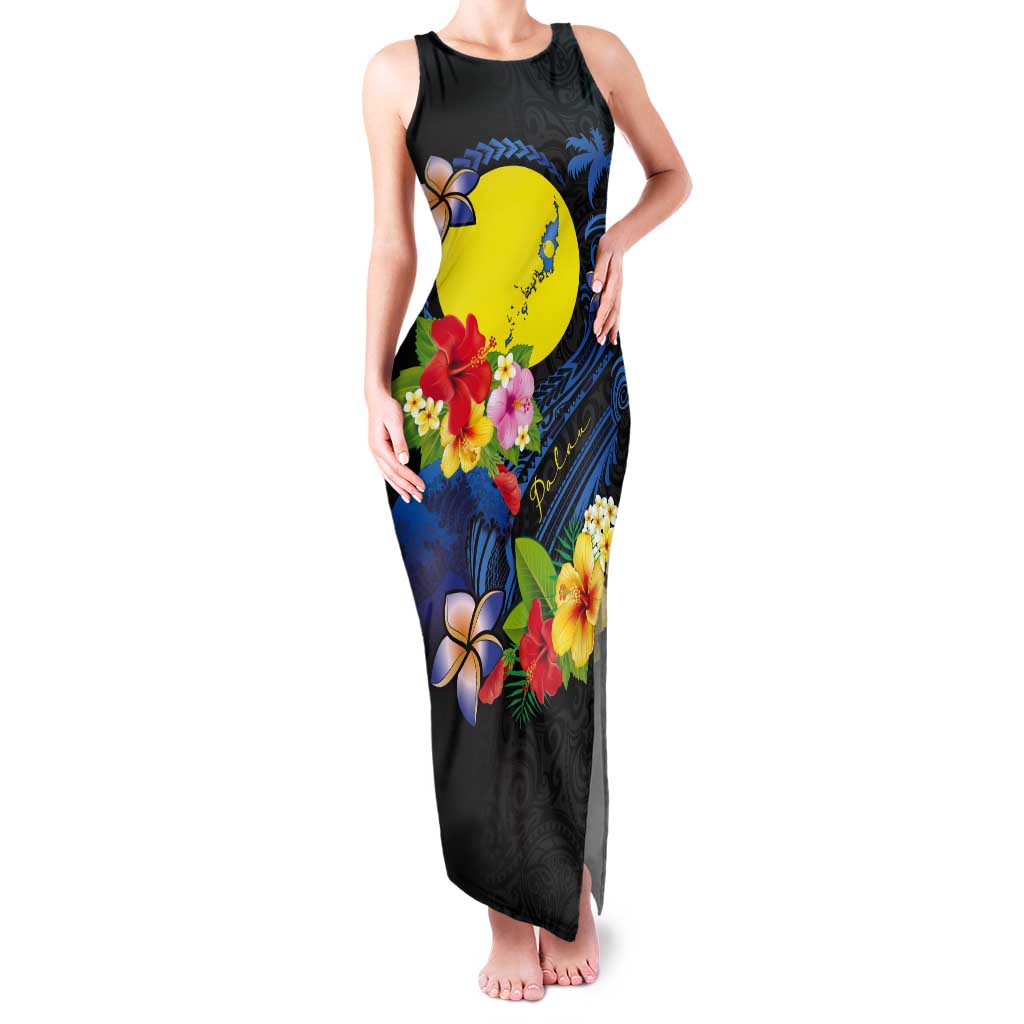 Palau Independence Day Tank Maxi Dress Melanesian Tattoo with Hibiscus LT03 Women - Polynesian Pride
