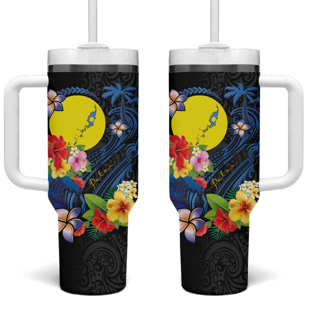 Palau Independence Day Tumbler With Handle Melanesian Tattoo with Hibiscus LT03 One Size: 40 oz - Polynesian Pride