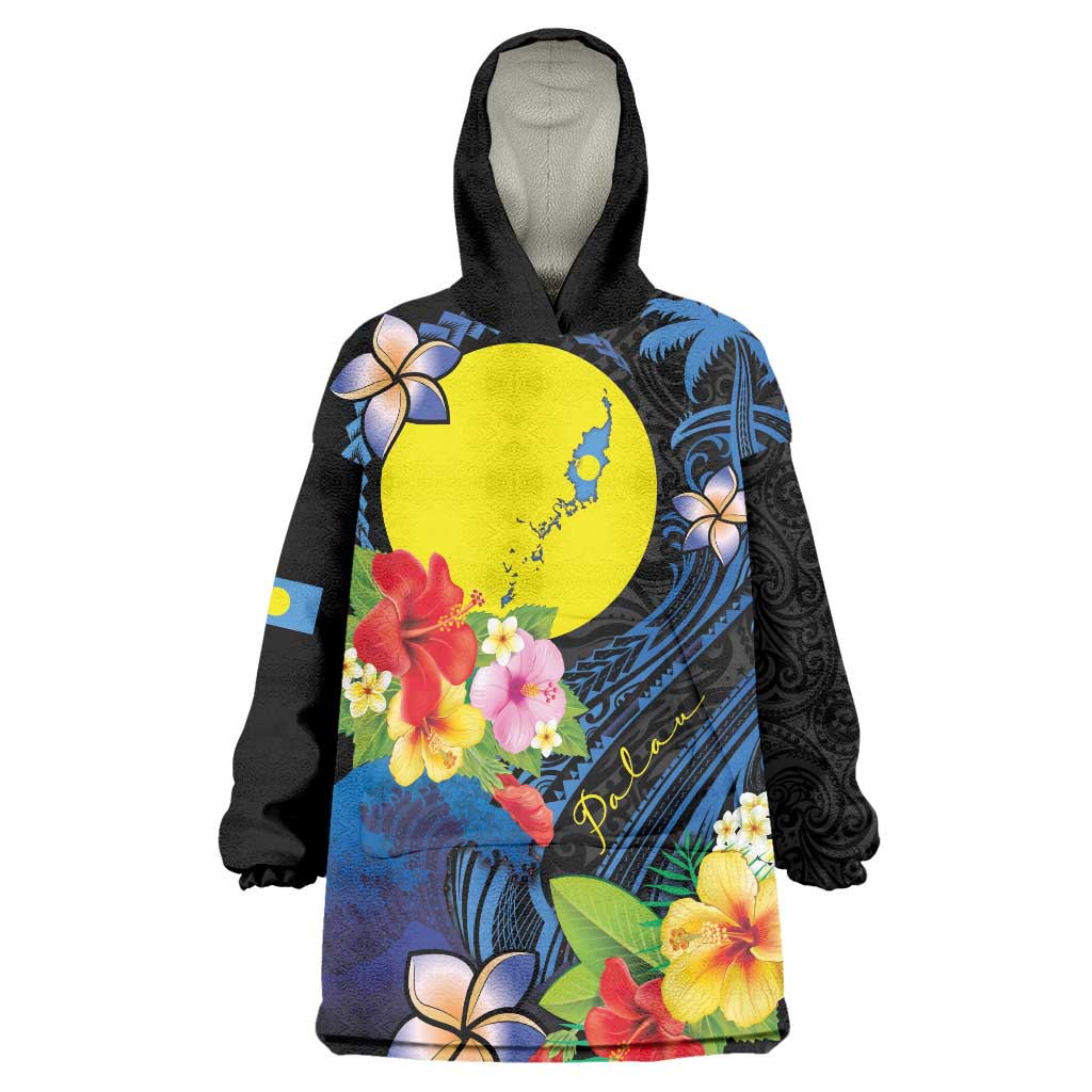 Palau Independence Day Wearable Blanket Hoodie Melanesian Tattoo with Hibiscus LT03 One Size - Polynesian Pride