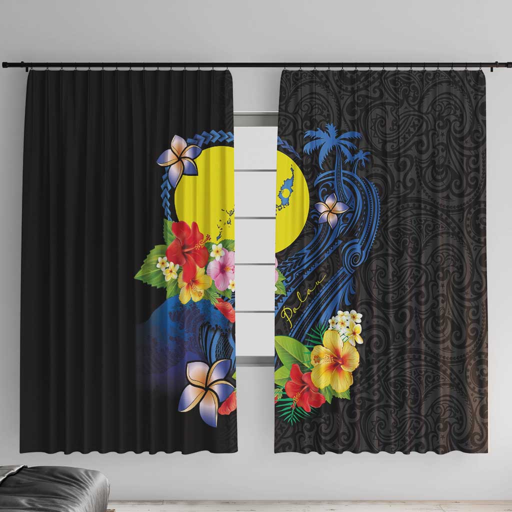 Palau Independence Day Window Curtain Melanesian Tattoo with Hibiscus LT03 With Hooks - Polynesian Pride