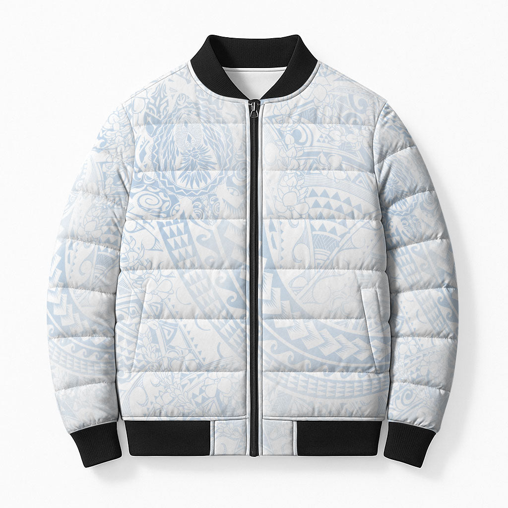 Hawaiian Turtles and Leis Bomber Puffer Jacket Tribal Kakau Pattern Airy White Blue Cloud Vibe LT03 Unisex White - Polynesian Pride