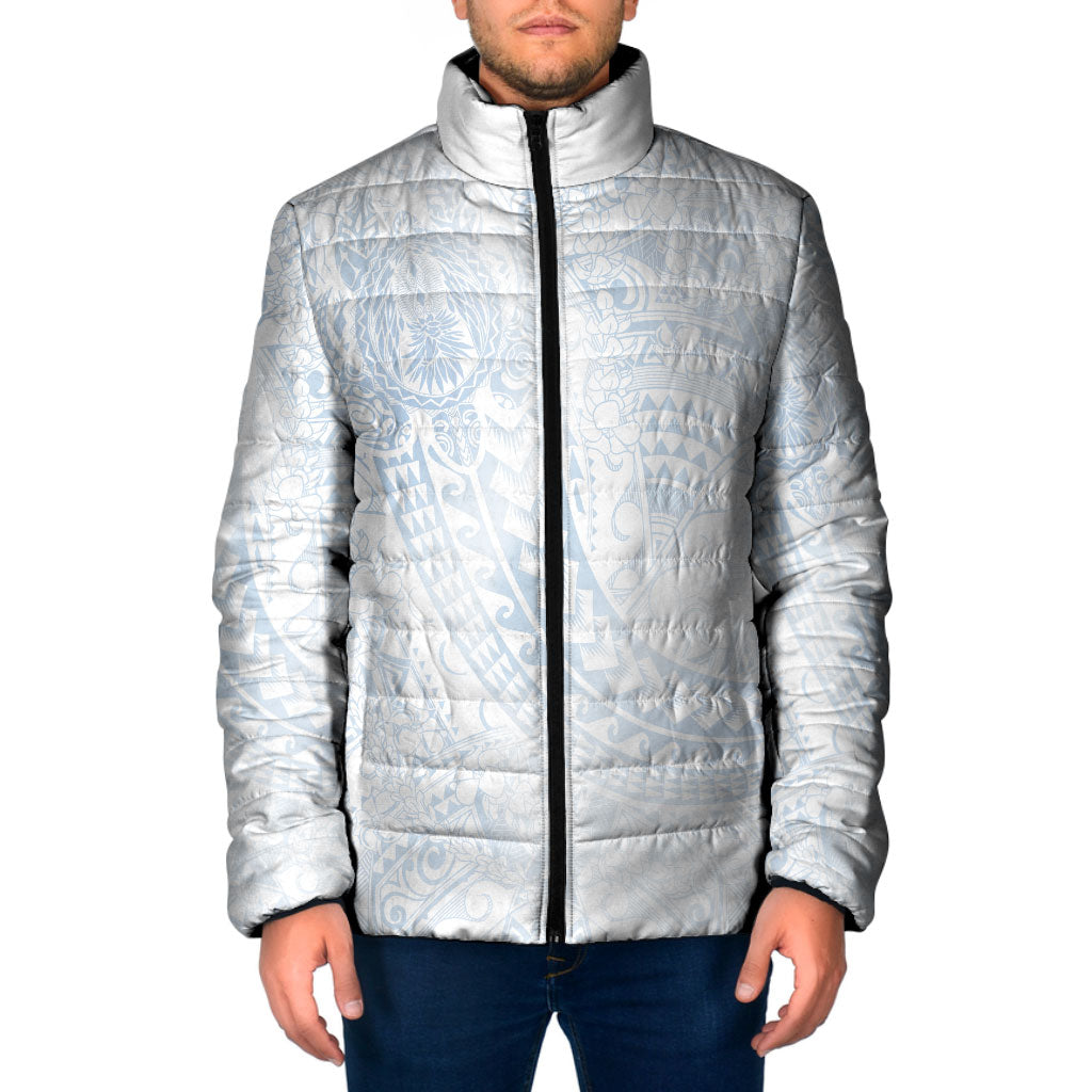 Hawaiian Turtles and Leis Padded Jacket Tribal Kakau Pattern Airy White Blue Cloud Vibe LT03 Men White - Polynesian Pride