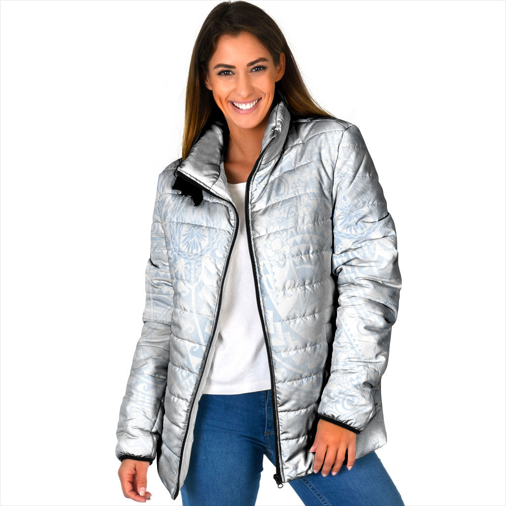Hawaiian Turtles and Leis Padded Jacket Tribal Kakau Pattern Airy White Blue Cloud Vibe LT03 Women White - Polynesian Pride