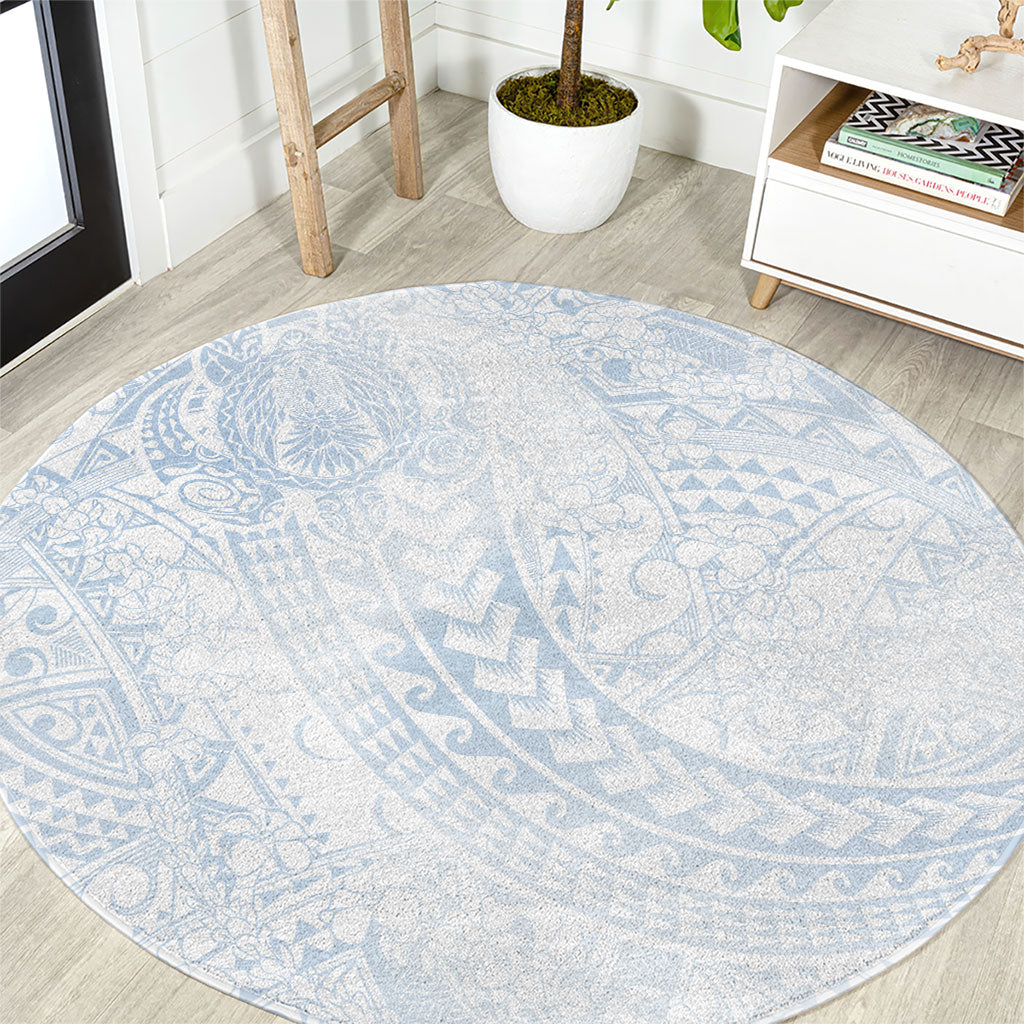 Hawaiian Turtles and Leis Round Carpet Tribal Kakau Pattern Airy White Blue Cloud Vibe LT03 White - Polynesian Pride