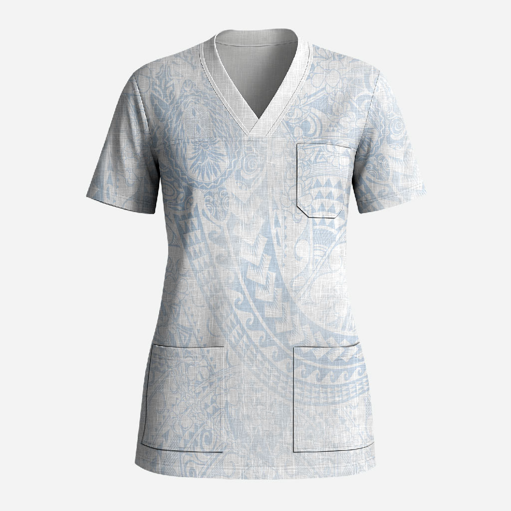 Hawaiian Turtles and Leis Scrub Top Tribal Kakau Pattern Airy White Blue Cloud Vibe LT03 Adult White - Polynesian Pride