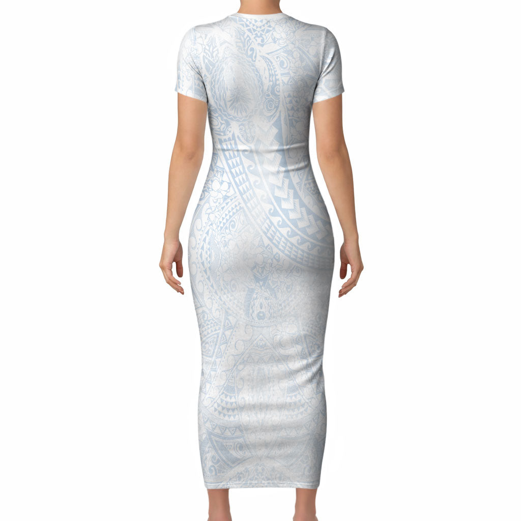 Hawaiian Turtles and Leis Short Sleeve Bodycon Dress Tribal Kakau Pattern Airy White Blue Cloud Vibe LT03 - Polynesian Pride