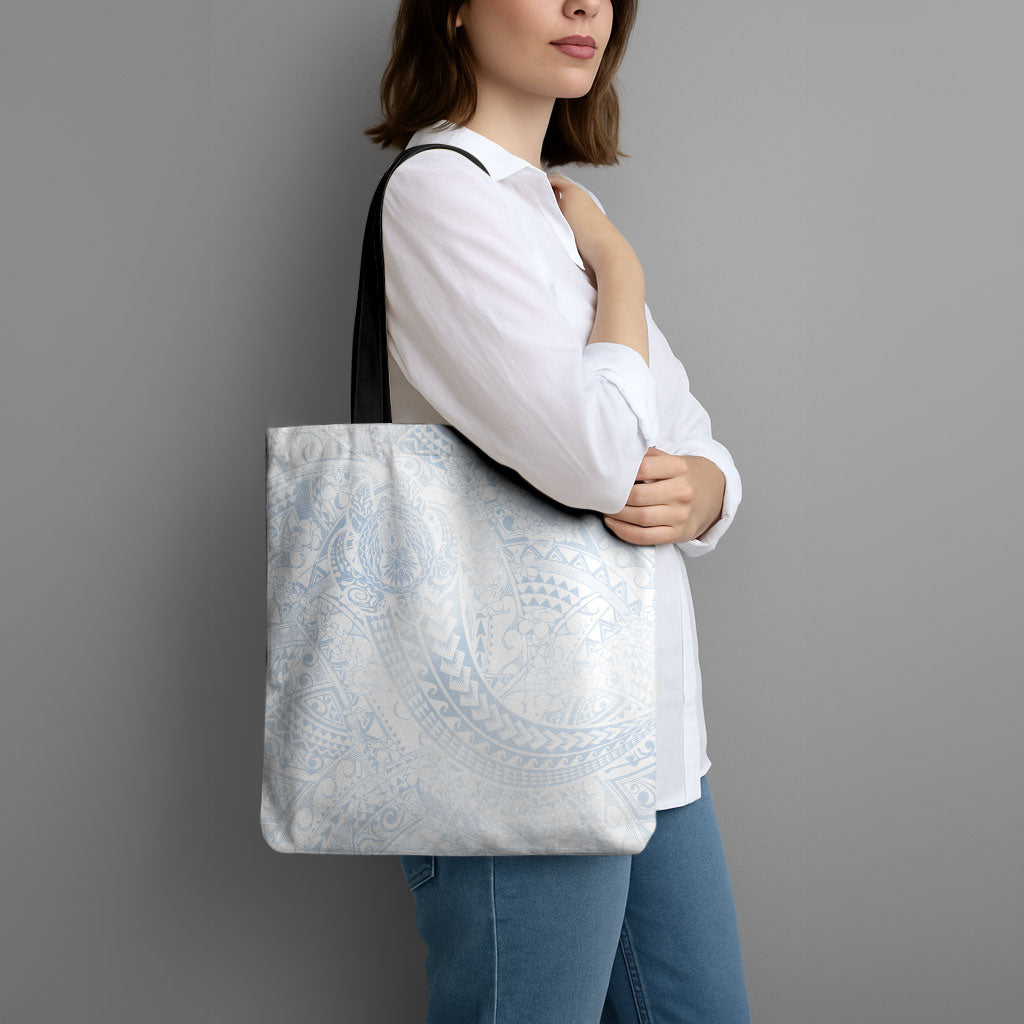 Hawaiian Turtles and Leis Tote Bag Tribal Kakau Pattern Airy White Blue Cloud Vibe LT03 - Polynesian Pride