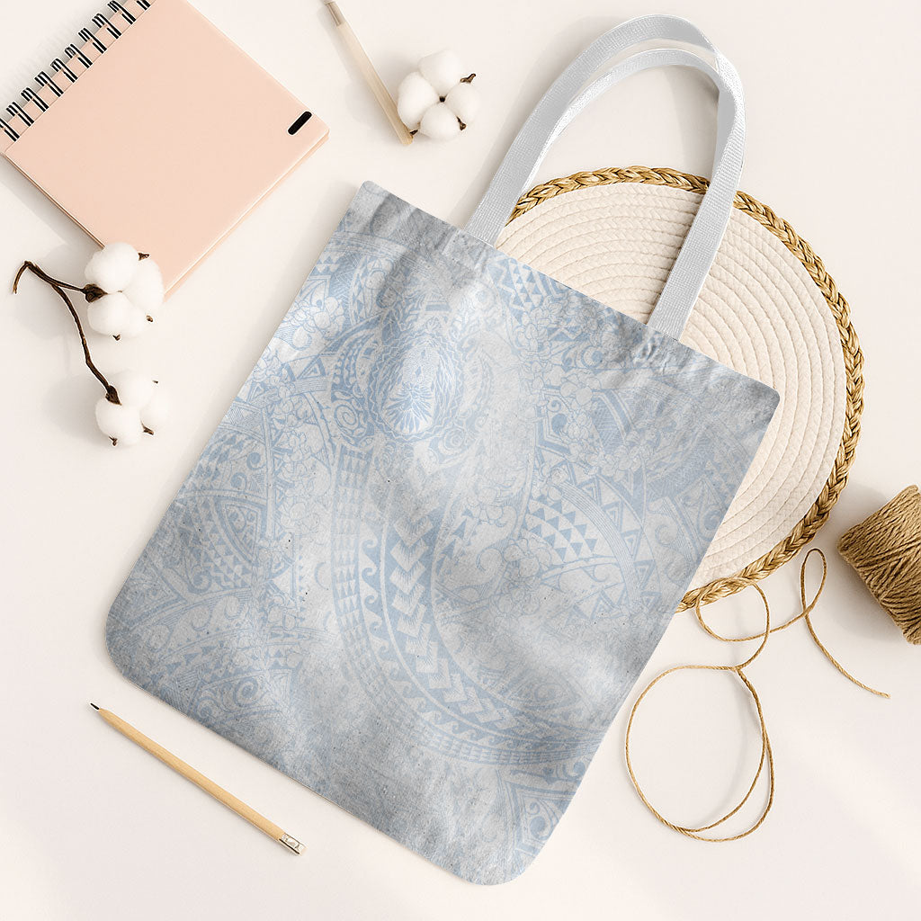 Hawaiian Turtles and Leis Tote Bag Tribal Kakau Pattern Airy White Blue Cloud Vibe LT03 White Strap One Size White - Polynesian Pride