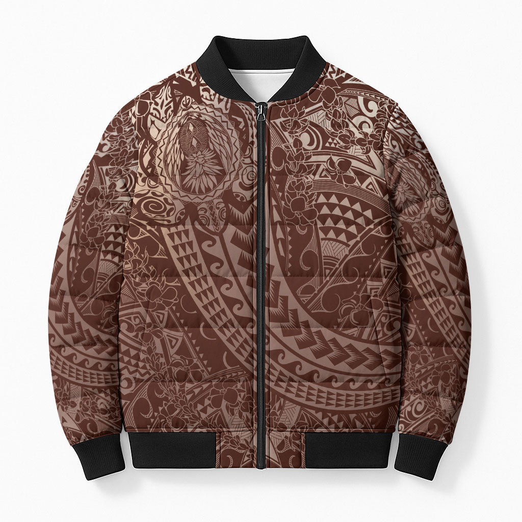 Hawaiian Turtles and Leis Bomber Puffer Jacket Tribal Kakau Pattern Mocha Mousse Color LT03 Unisex Mocha Mousse - Polynesian Pride