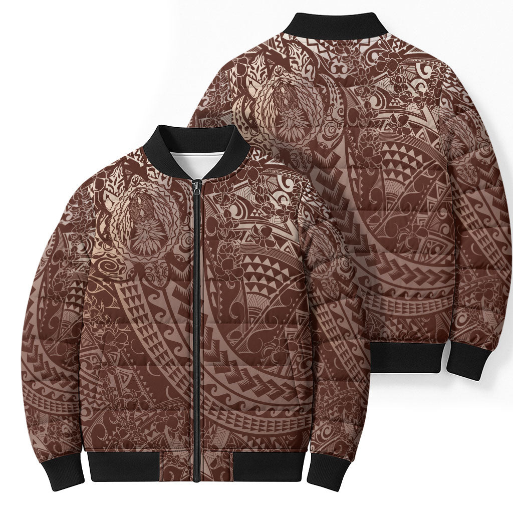 Hawaiian Turtles and Leis Bomber Puffer Jacket Tribal Kakau Pattern Mocha Mousse Color LT03 - Polynesian Pride