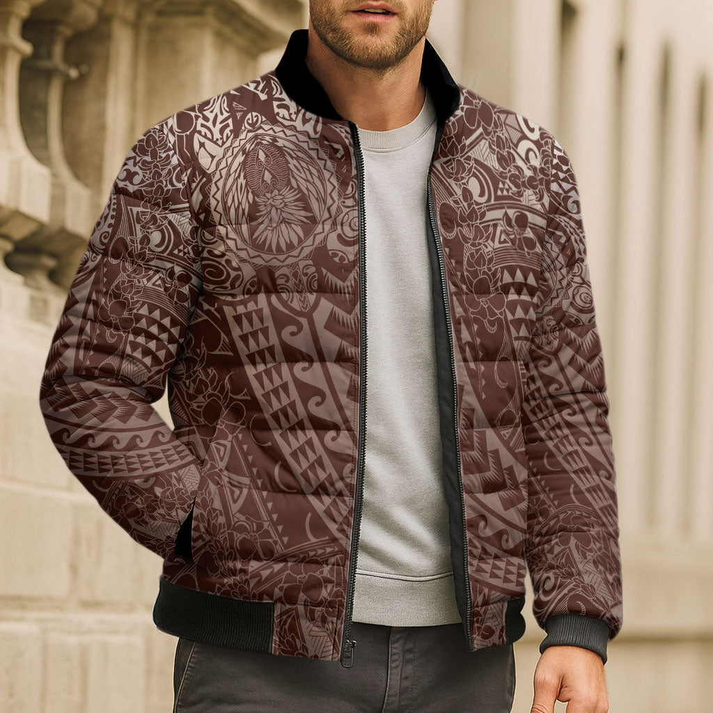 Hawaiian Turtles and Leis Bomber Puffer Jacket Tribal Kakau Pattern Mocha Mousse Color LT03 - Polynesian Pride