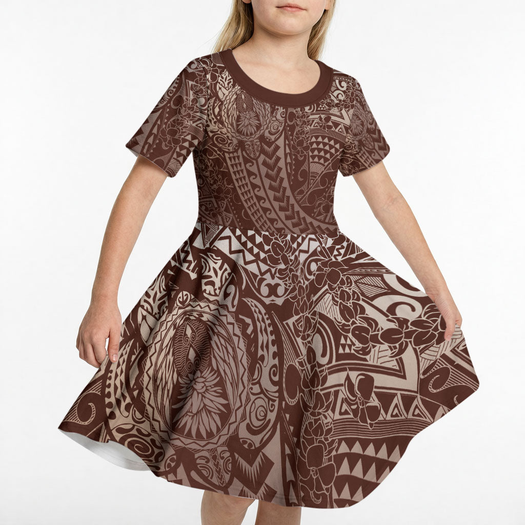 Hawaiian Turtles and Leis Kid Short Sleeve Dress Tribal Kakau Pattern Mocha Mousse Color LT03 - Polynesian Pride