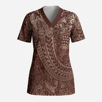 Hawaiian Turtles and Leis Scrub Top Tribal Kakau Pattern Mocha Mousse Color LT03 Adult Mocha Mousse - Polynesian Pride