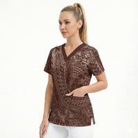 Hawaiian Turtles and Leis Scrub Top Tribal Kakau Pattern Mocha Mousse Color LT03 - Polynesian Pride