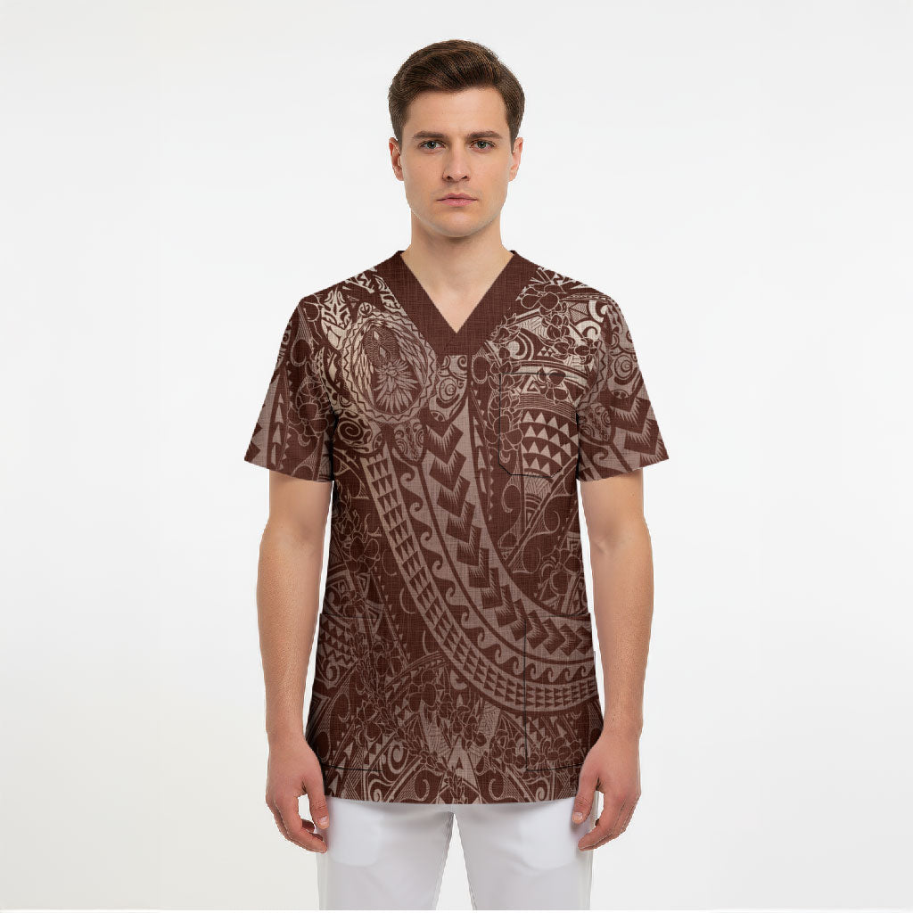 Hawaiian Turtles and Leis Scrub Top Tribal Kakau Pattern Mocha Mousse Color LT03 - Polynesian Pride