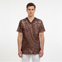 Hawaiian Turtles and Leis Scrub Top Tribal Kakau Pattern Mocha Mousse Color LT03 - Polynesian Pride