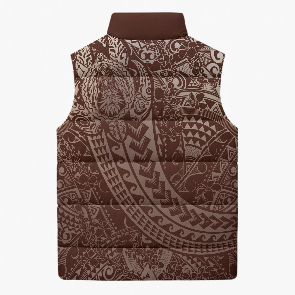 Hawaiian Turtles and Leis Sleeveless Puffer Jacket Tribal Kakau Pattern Mocha Mousse Color LT03 - Polynesian Pride