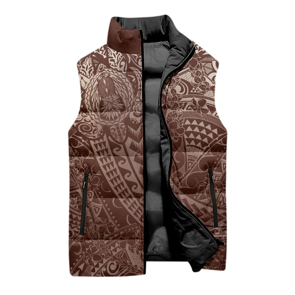 Hawaiian Turtles and Leis Sleeveless Puffer Jacket Tribal Kakau Pattern Mocha Mousse Color LT03 - Polynesian Pride