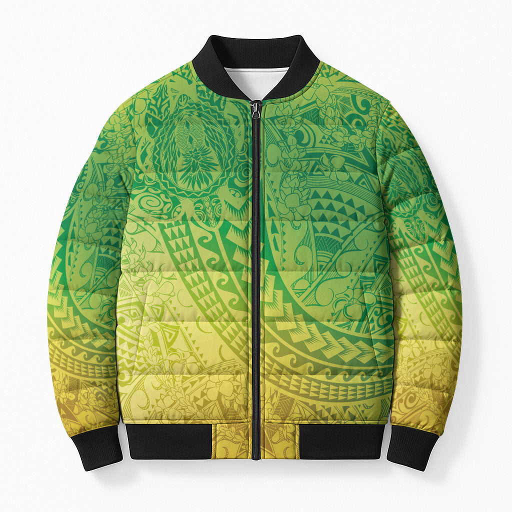 Hawaiian Turtles and Leis Bomber Puffer Jacket Tribal Kakau Pattern Fresh Summer Vibe LT03 Unisex Green - Polynesian Pride