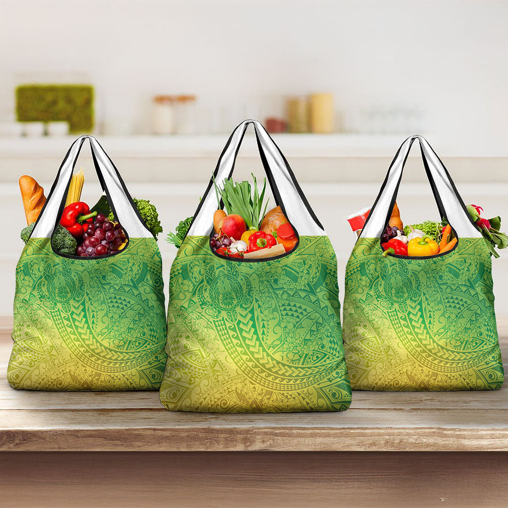 Hawaiian Turtles and Leis Grocery Bag Tribal Kakau Pattern Fresh Summer Vibe LT03 3-pack One Size Green - Polynesian Pride