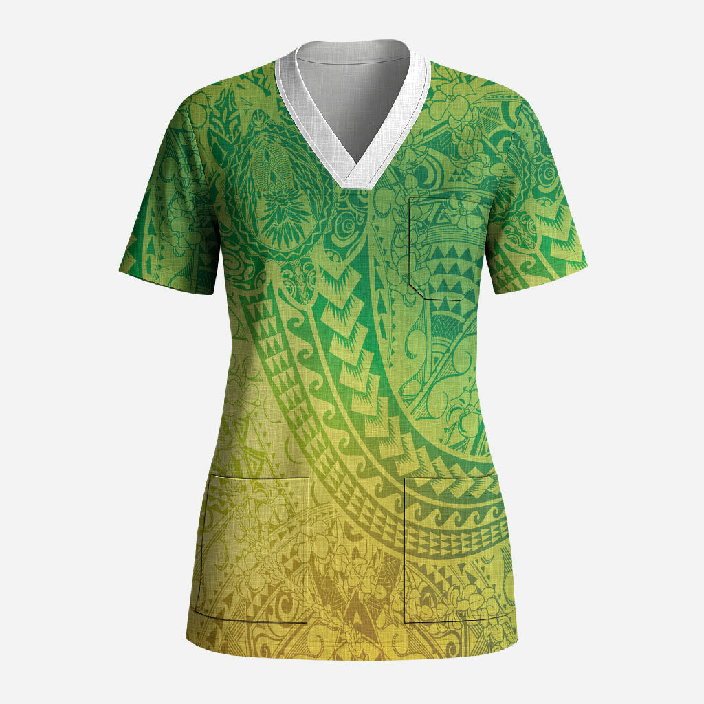Hawaiian Turtles and Leis Scrub Top Tribal Kakau Pattern Fresh Summer Vibe LT03 Adult Green - Polynesian Pride