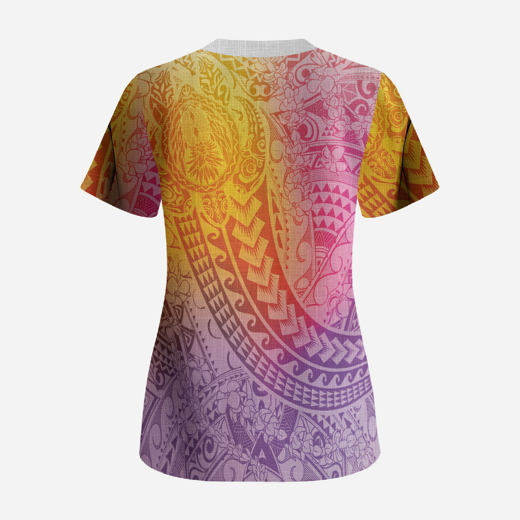 Hawaiian Turtles and Leis Scrub Top Tribal Kakau Pattern Magical Rainbow Sky LT03 - Polynesian Pride