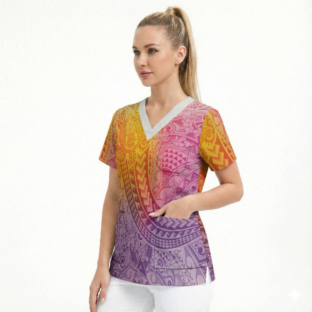 Hawaiian Turtles and Leis Scrub Top Tribal Kakau Pattern Magical Rainbow Sky LT03 - Polynesian Pride