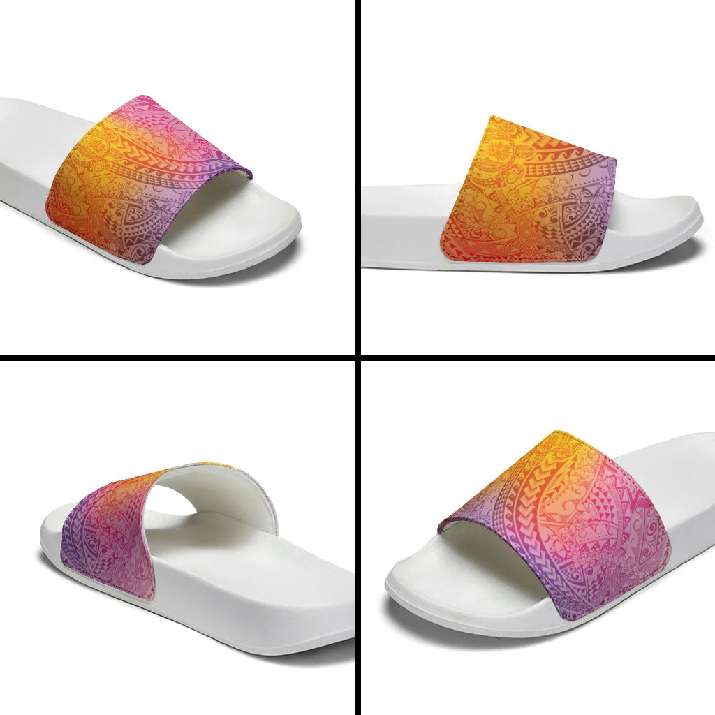 Hawaiian Turtles and Leis Slide Sandals Tribal Kakau Pattern Magical Rainbow Sky LT03 - Polynesian Pride