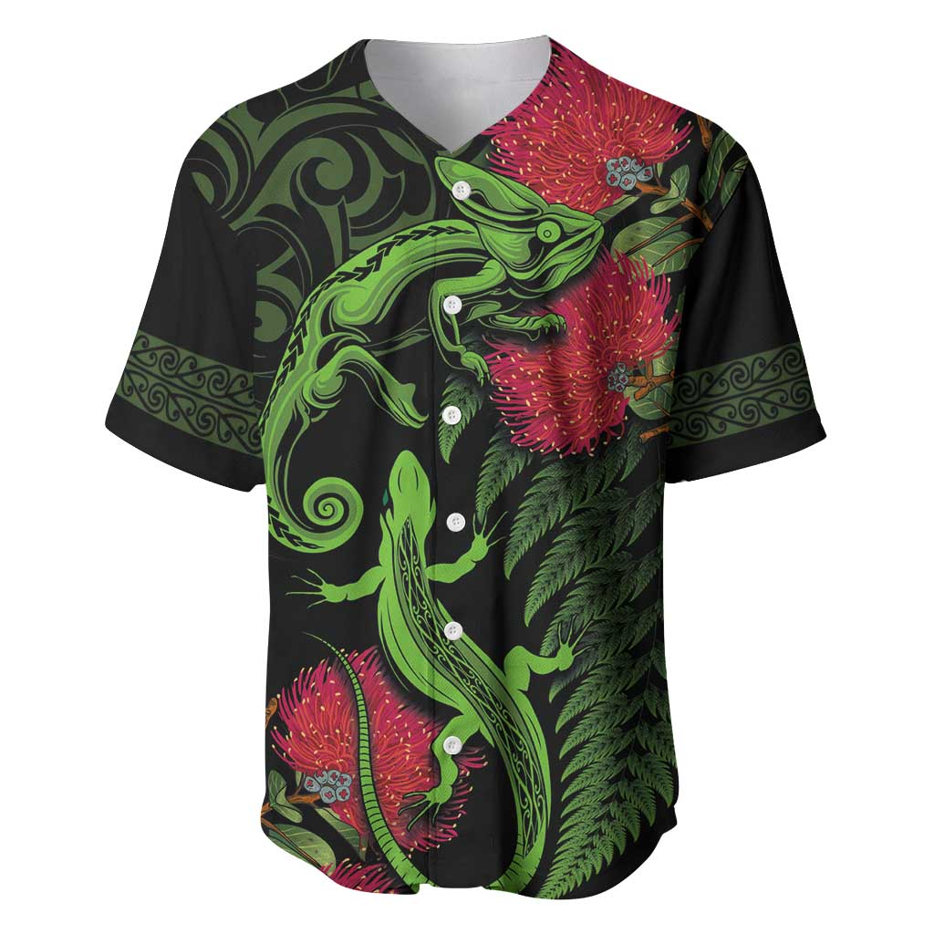 New Zealand Chameleon and Gecko Baseball Jersey Maori Silver Fern and Pohutukawa Decoration