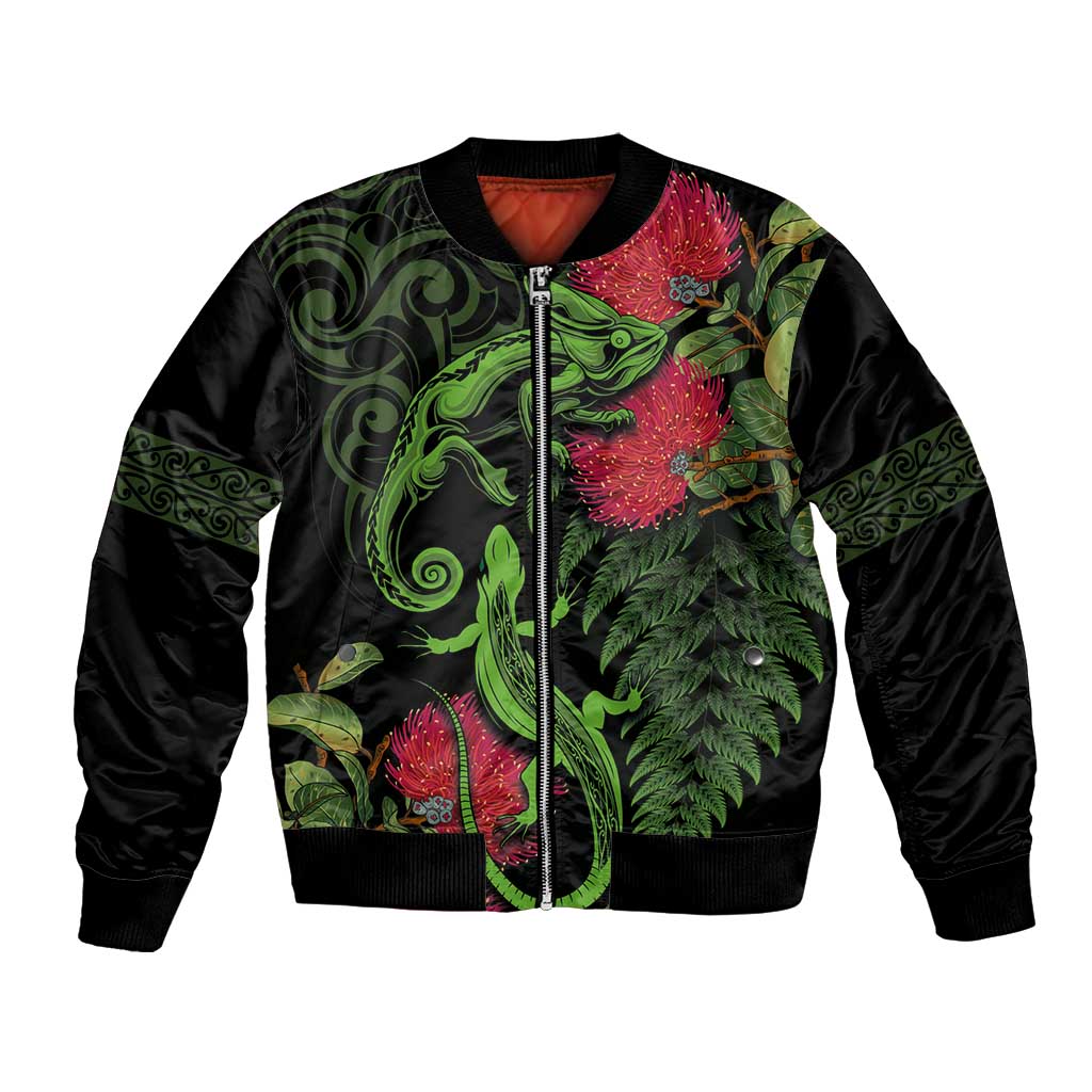 New Zealand Chameleon and Gecko Bomber Jacket Maori Silver Fern and Pohutukawa Decoration