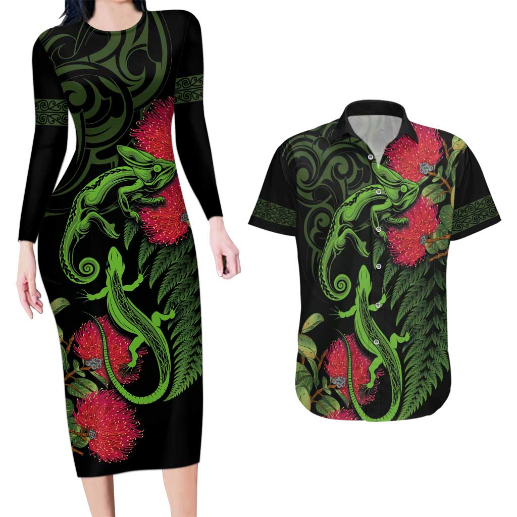 New Zealand Chameleon and Gecko Couples Matching Long Sleeve Bodycon Dress and Hawaiian Shirt Maori Silver Fern and Pohutukawa Decoration