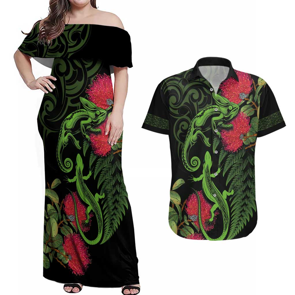 New Zealand Chameleon and Gecko Couples Matching Off Shoulder Maxi Dress and Hawaiian Shirt Maori Silver Fern and Pohutukawa Decoration