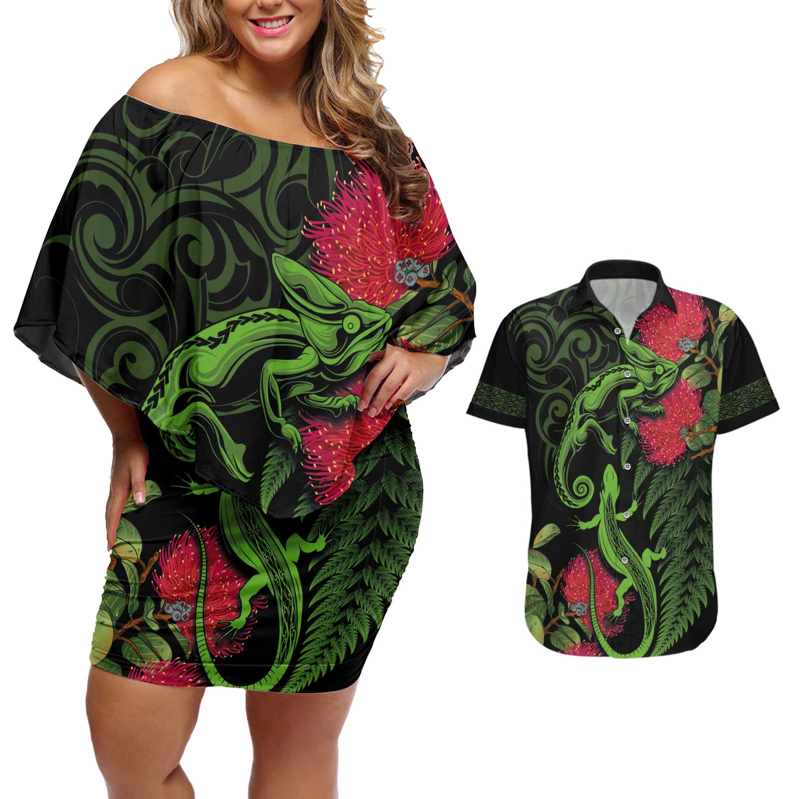 New Zealand Chameleon and Gecko Couples Matching Off Shoulder Short Dress and Hawaiian Shirt Maori Silver Fern and Pohutukawa Decoration