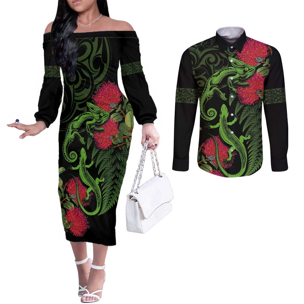 New Zealand Chameleon and Gecko Couples Matching Off The Shoulder Long Sleeve Dress and Long Sleeve Button Shirt Maori Silver Fern and Pohutukawa Decoration