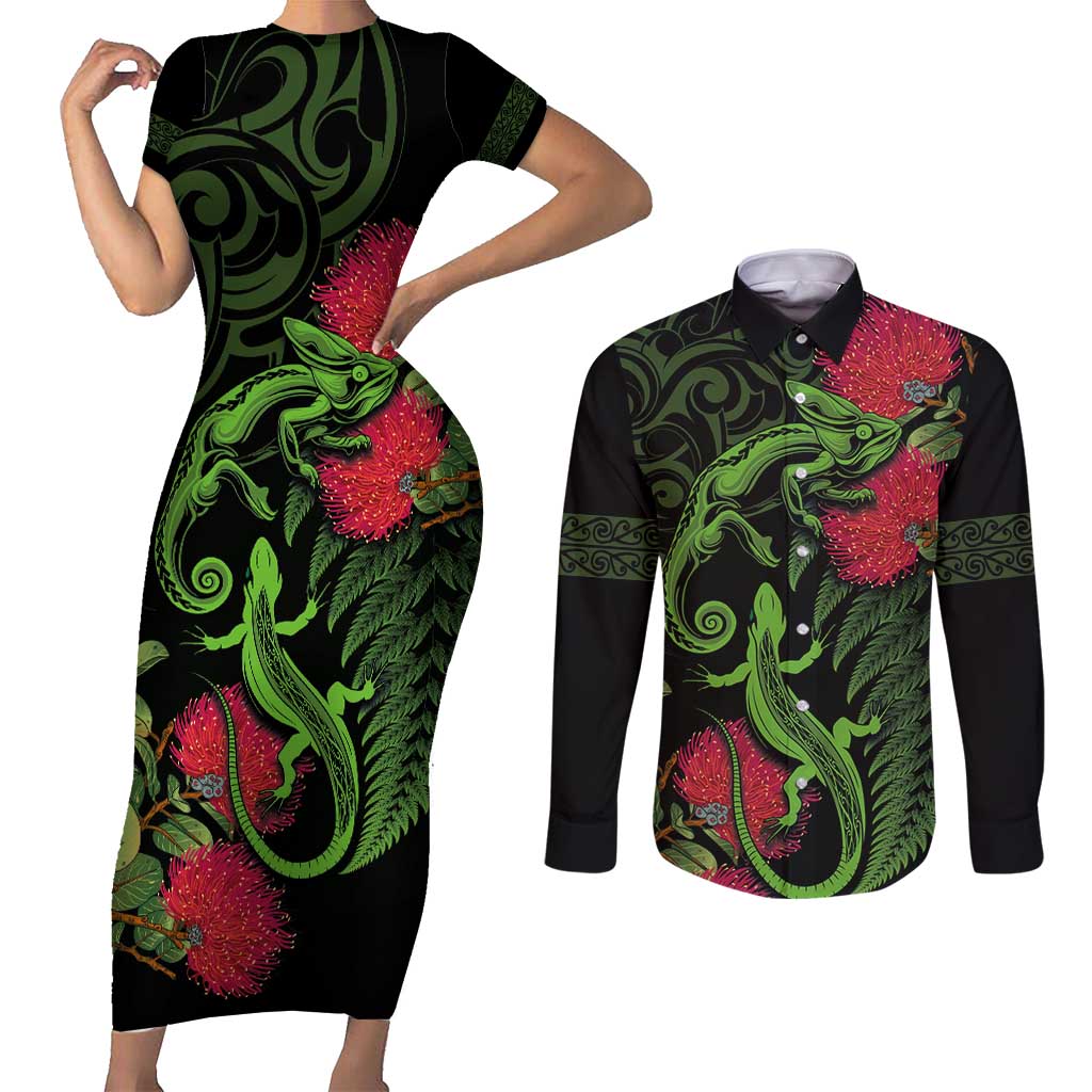 New Zealand Chameleon and Gecko Couples Matching Short Sleeve Bodycon Dress and Long Sleeve Button Shirt Maori Silver Fern and Pohutukawa Decoration